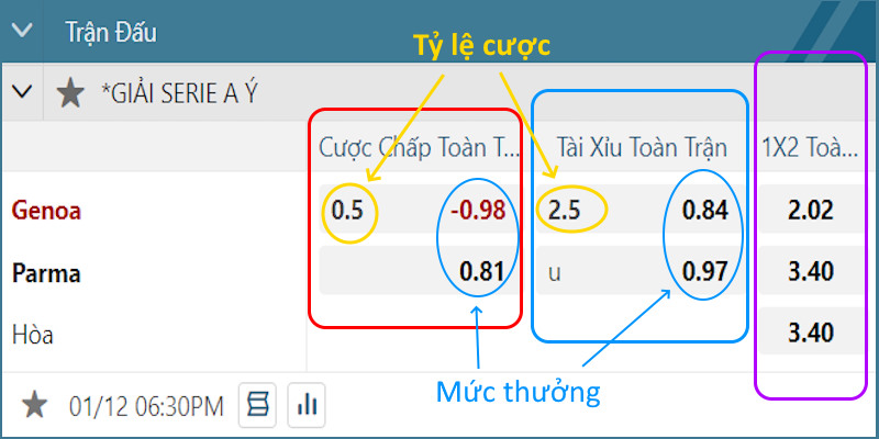 Ví dụ bảng tỷ lệ cá cược bóng đá